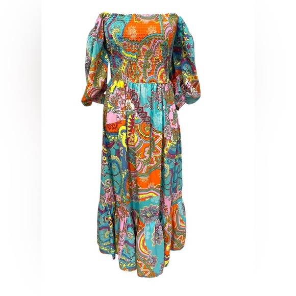 Wishing Waves Vibrant Orange and Blue Paisley Tiered Maxi Sundress Size Medium - Picture 4 of 7